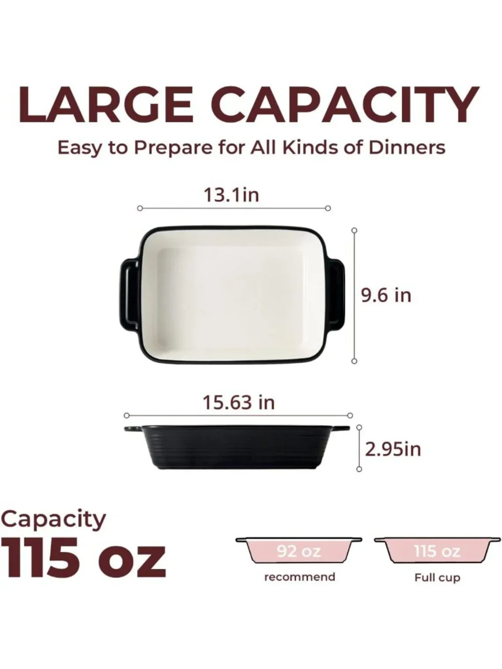 Large 9x13 Ceramic Casserole Dish - Durable Lasagna Pan with Handles, Oven Safe
